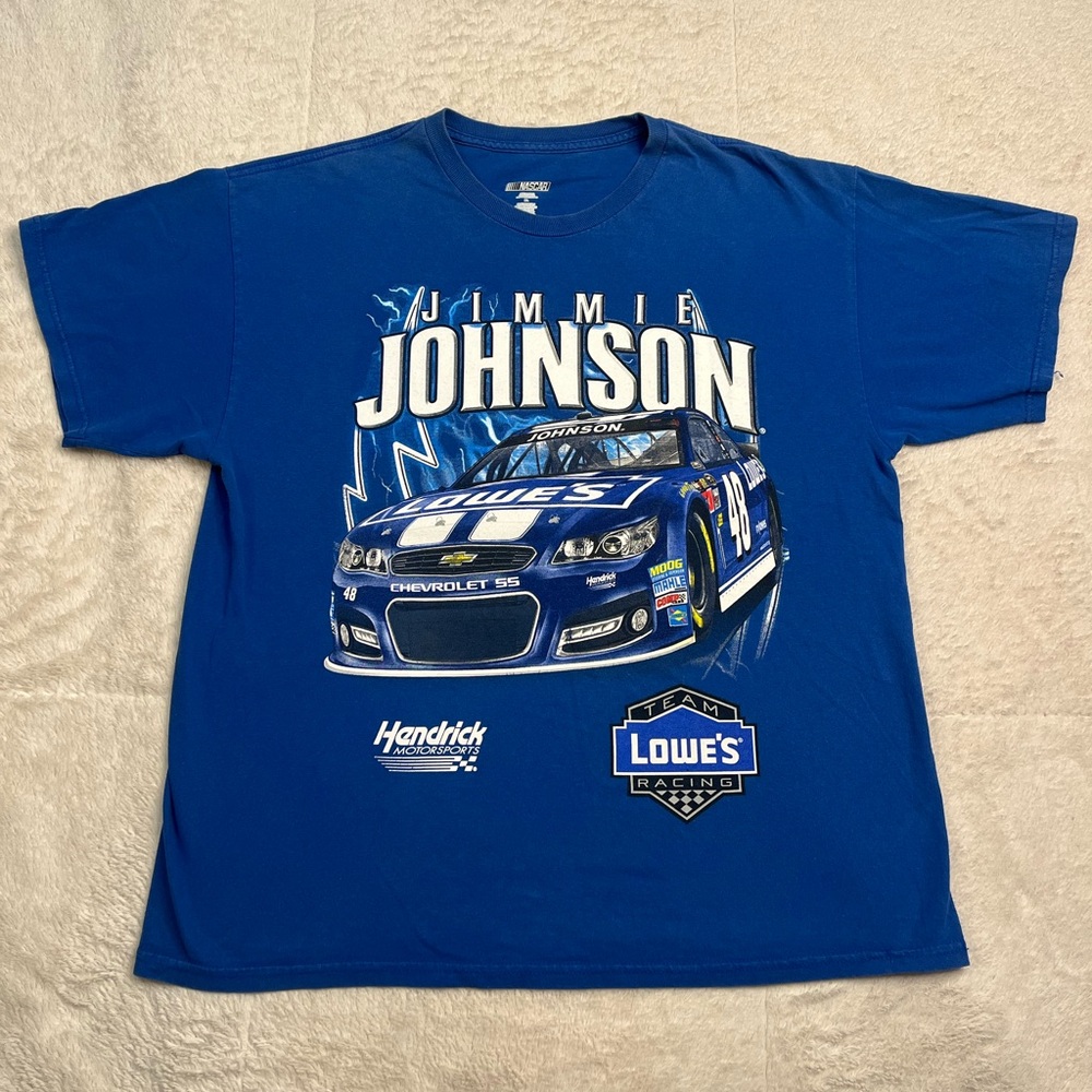 NASCAR Jimmie Johnson Lowes Double Sided Graphic Blue T Shirt Mens XL Y2K Flames